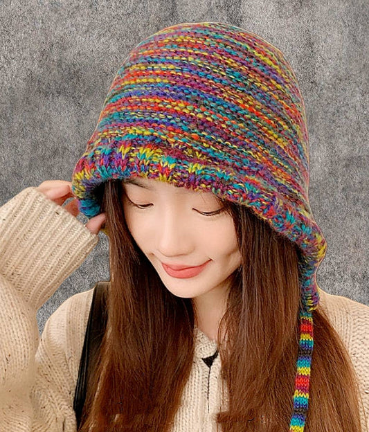 Rainbow Knitted Hat with Side Tie Straps – Colorful Winter Hat