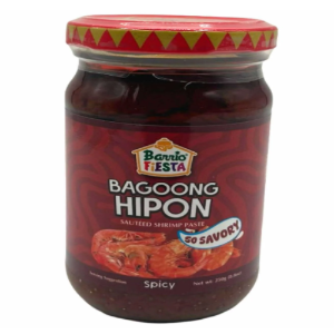 Jar of Bagoong Hipon spicy salted shrimp paste with a red label on a white background