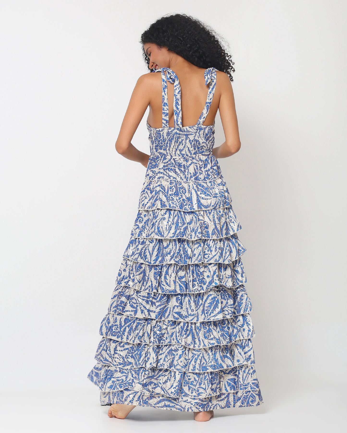 Santorini Tiered Maxi Dress — Blue & Cream