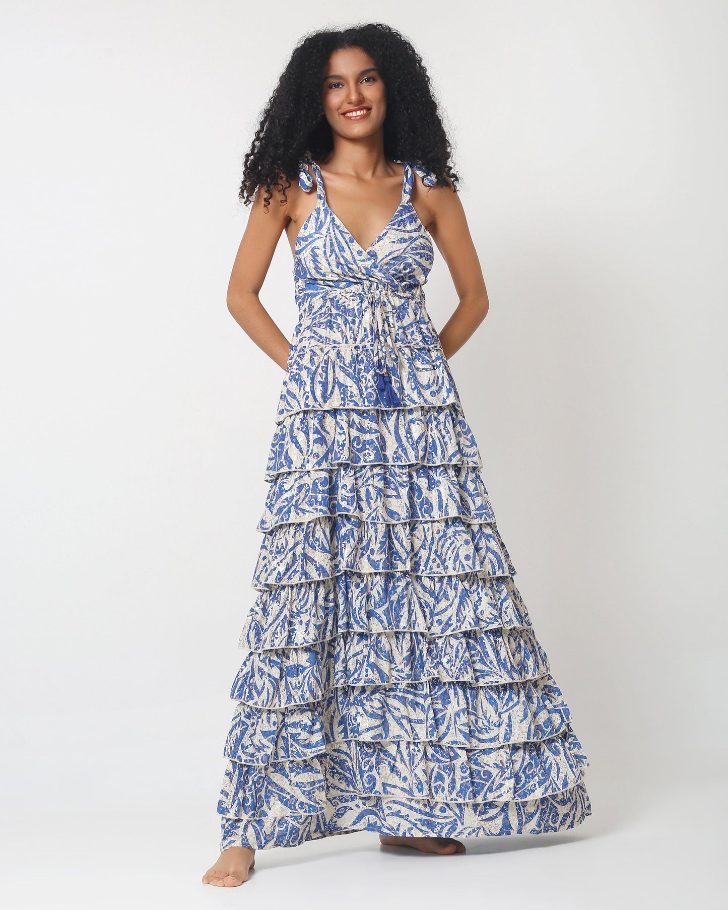 Santorini Tiered Maxi Dress — Blue & Cream