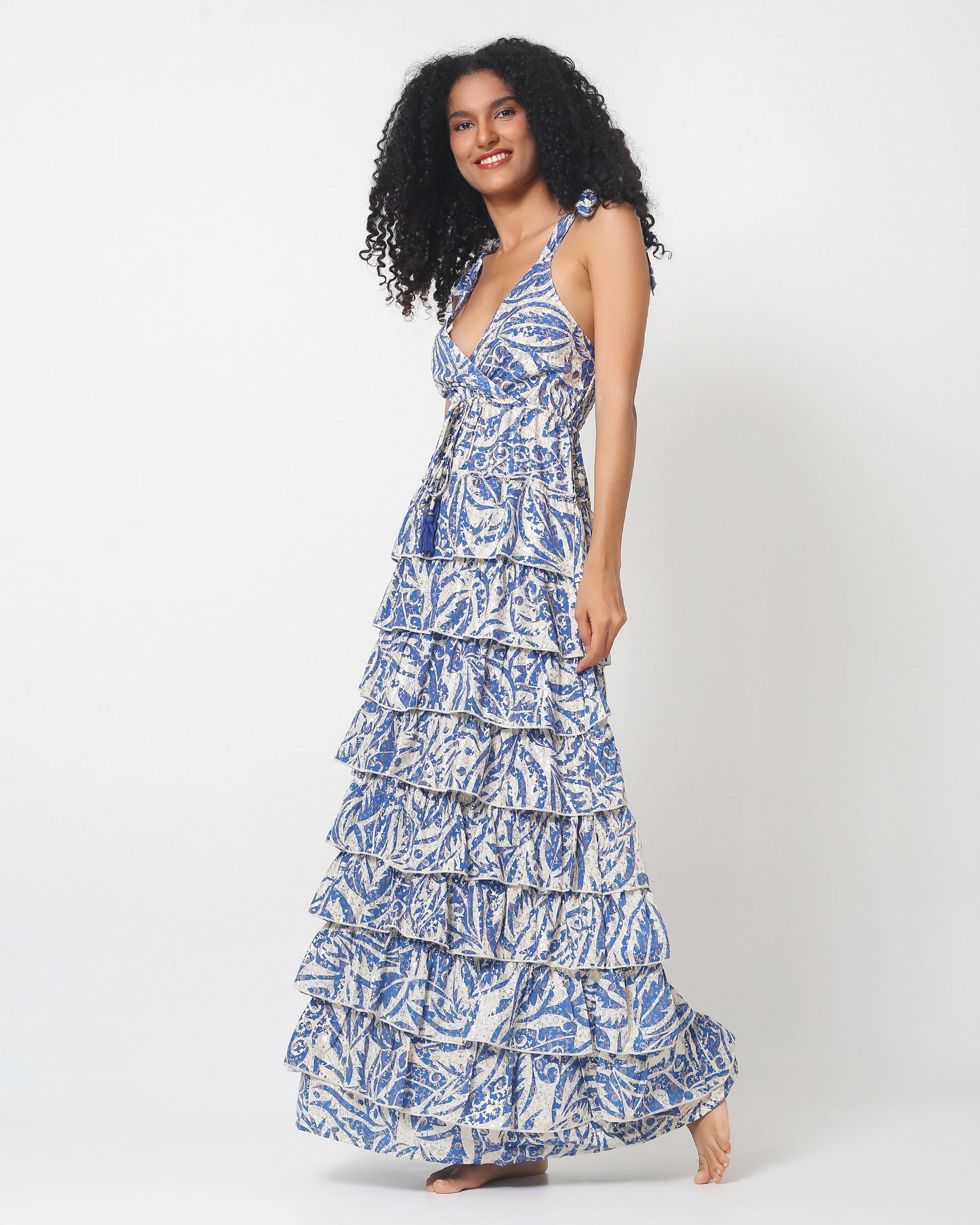 Santorini Tiered Maxi Dress — Blue & Cream