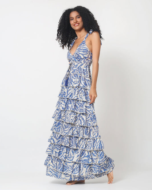 Santorini Tiered Maxi Dress — Blue & Cream