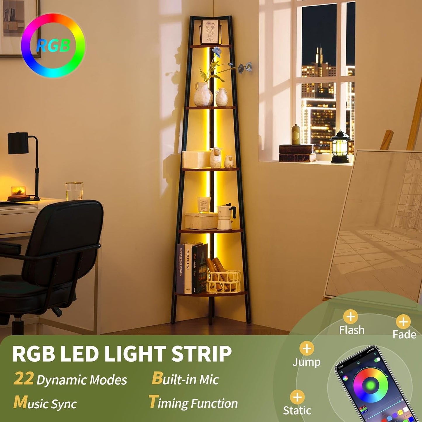 5-Tier Corner Bookshelf with LED Light & Smart App Control – Modern Space-Saving Storage