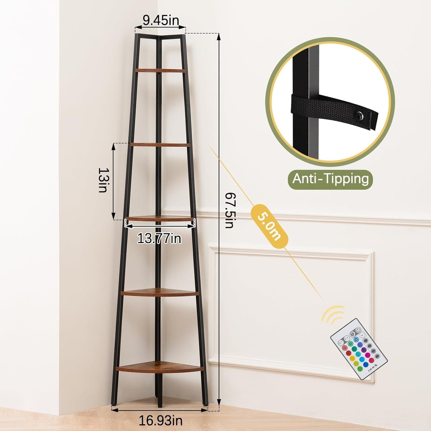 5-Tier Corner Bookshelf with LED Light & Smart App Control – Modern Space-Saving Storage