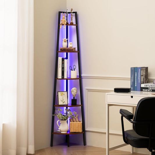 5-Tier Corner Bookshelf with LED Light & Smart App Control – Modern Space-Saving Storage