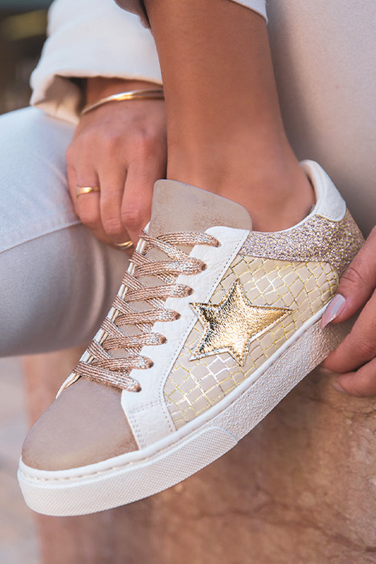 Gold Glitter Star Lace-Up Sneakers – Stylish & Sparkly