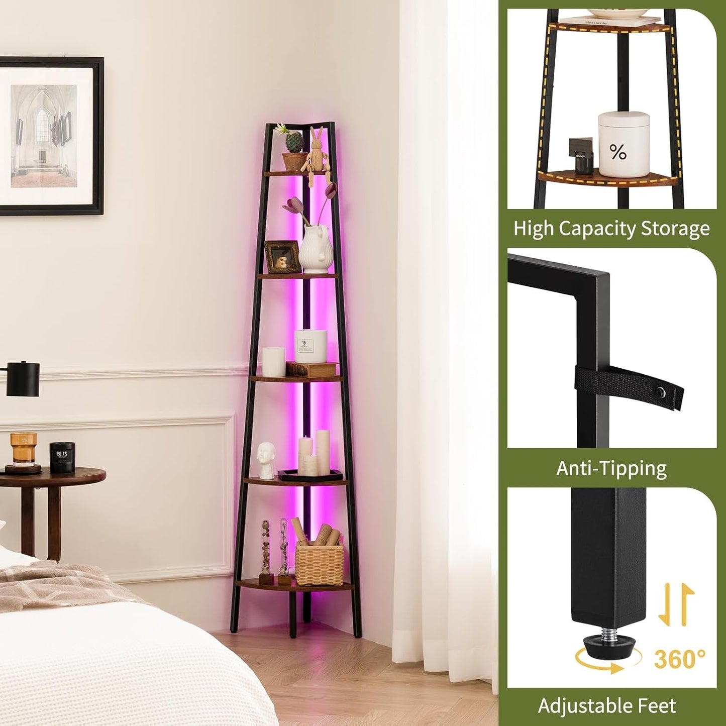 5-Tier Corner Bookshelf with LED Light & Smart App Control – Modern Space-Saving Storage