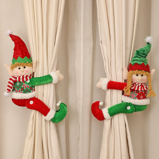 Red & Green Elf Doll Window Curtain Decoration – Festive Christmas Décor